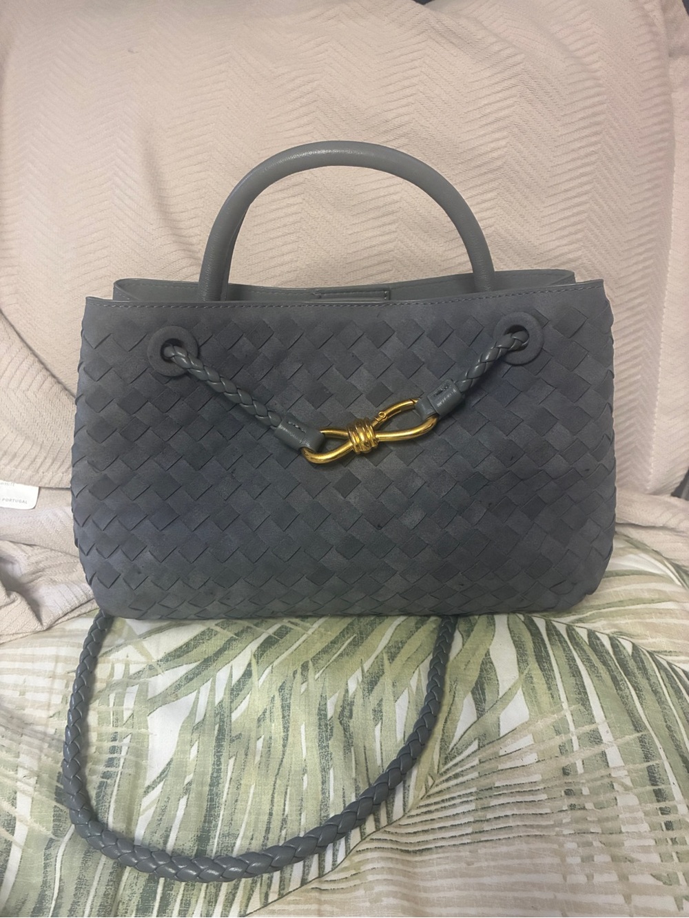 Bottega Veneta Style Gray Woven Suede Tote with Gold Knot